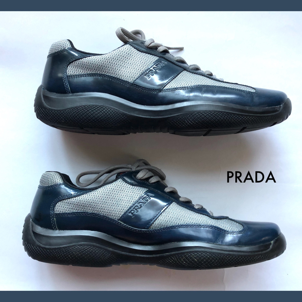 SOLD! Prada Leather Navy Blue Black Sneakers 9.5 - Picture 5 of 8